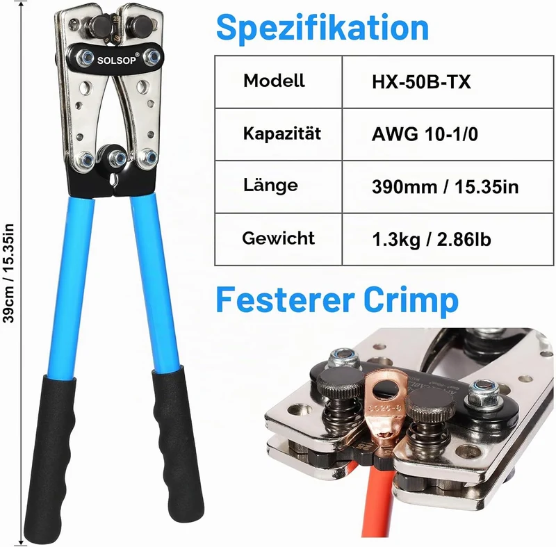 Solsop Batteriekabelschuh Crimpzange Set 6-50mm² mit Kabelschneider 6-50mm² Set, 6-50mm² Set