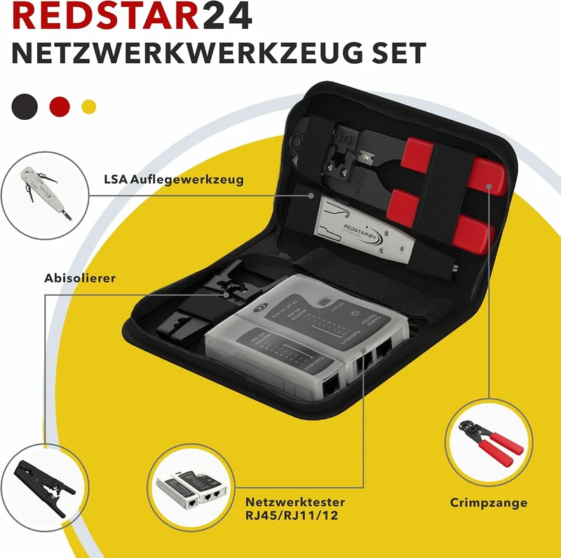 RedStar24 Netzwerk-Werkzeugset 4-in-1 mit 10x CAT 7 RJ45 Stecker – RJ45 Crimpzange, LSA Auflegewerkz