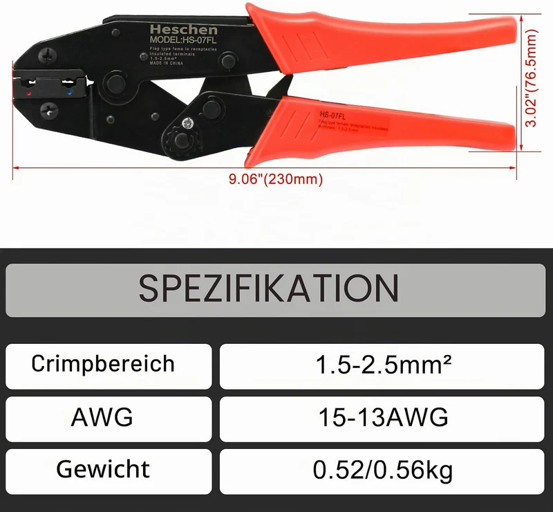 Heschen Ratschen-Crimpzange, HS-07FL, Flaggenweibliche Schnelltrenner, Crimpzange, Verwendung für 1,