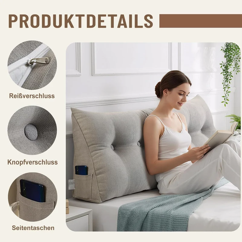 Rückenkissen Abnehmbar Dreieckiges Lendenkissen für Bett Sofa Grau 60*50*20cm, Grau 60*50*20cm