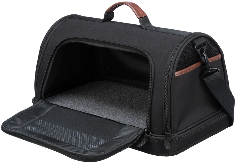 Schwarze Flugzeugtasche Gate für Hunde und Katzen, halbrund mit braunem Kunstleder und Trolley-Schlaufe