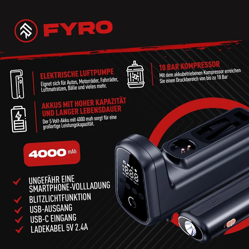 FYRO elektrische Luftpumpe, 4000 mAh, 10 Bar Kompressor für Fahrräder, Motorräder, Autos, Luftmatraz