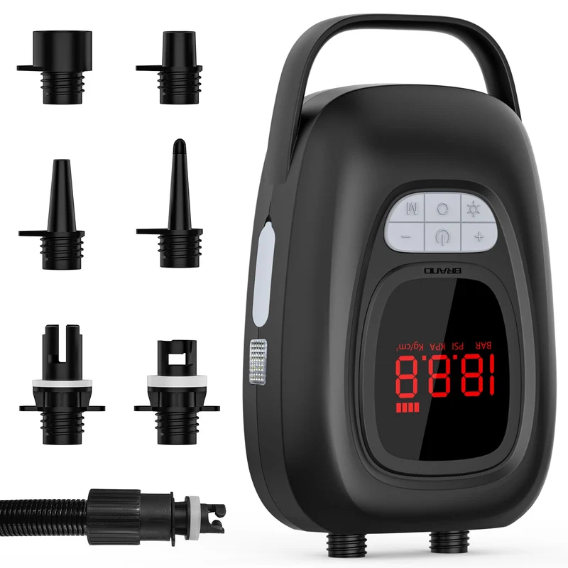 Elektrische SUP Pumpe 20 PSI – 2-Stufen Dual-Modus 550/390 L/min mit 6×2500mAh Akku, LED-SOS & Auto-