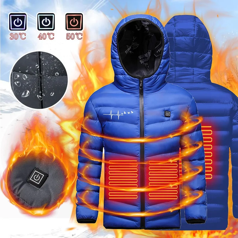 Beheizte Jacke Kinder Heizjacke Beheizbare Jacke mit Kapuze, Warme Jacke Heizjacke mit 3 Heizstufen,